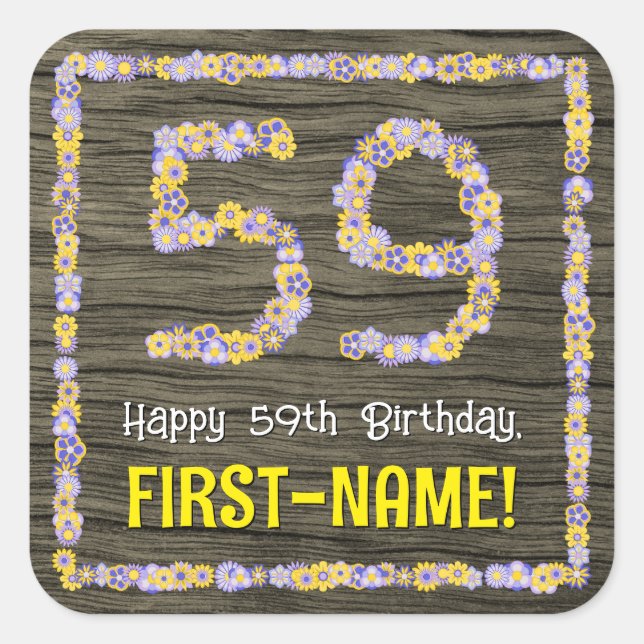Sticker Carré 59e anniversaire : numéro floral, Faux Wood Look,  (Devant)