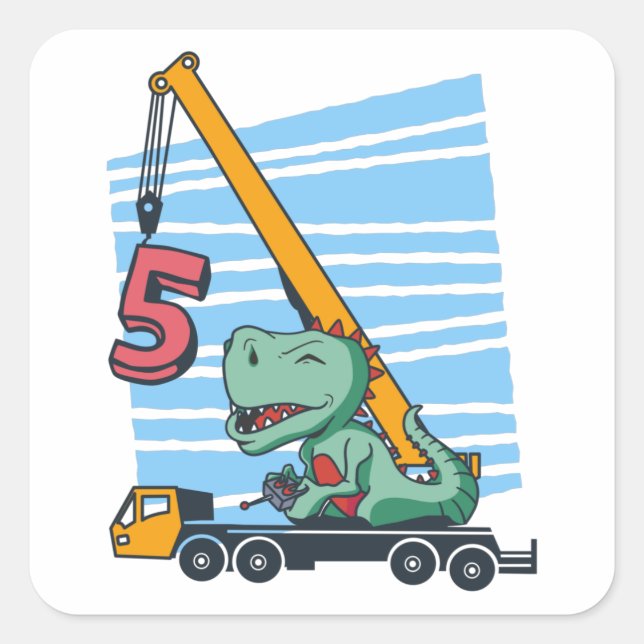 Sticker Carré 5 ans 5Anniversaire grue mobile Dinosaur (Devant)