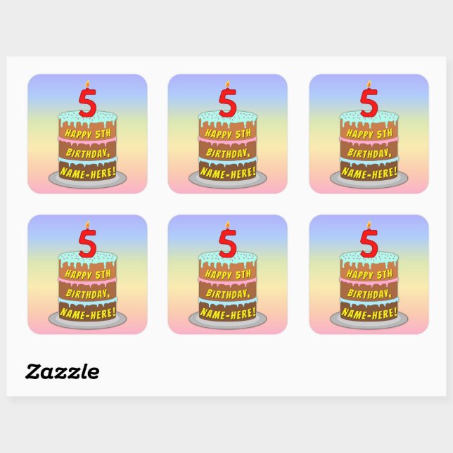 Sticker Carré 5e anniversaire : Fun Cake and Candle + Nom person (Feuille)