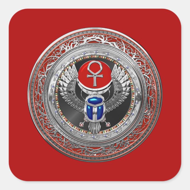 Sticker Carré [600] Scarab à ailes en argent sacré égyptien et A (Devant)