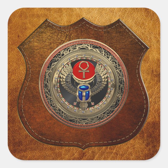 Sticker Carré [600] Scarab en or sacré égyptien ailé avec Ankh (Devant)