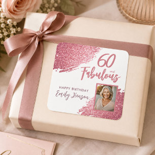 Sticker Carré 60 ans et Fabuleux Paillettes Roses Photo 60e Anni