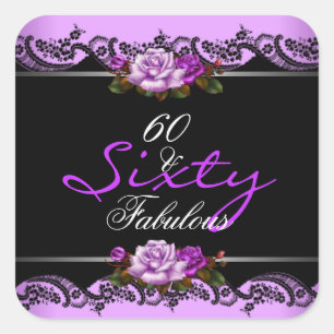 Sticker Carré 60 Fabuleux 60e anniversaire de fête Mauve Roses