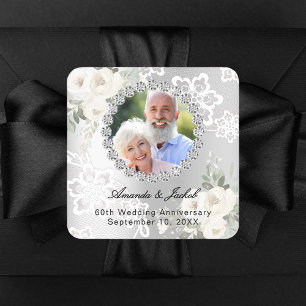 Sticker Carré 60e Anniversaire de Mariage argent photo florales 