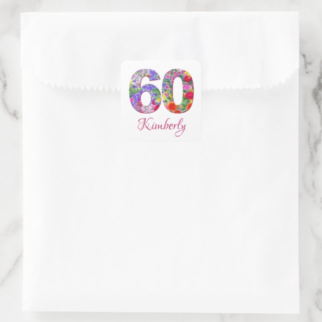 Sticker Carré 60e anniversaire élégante fleurs florales autocoll (Sac)