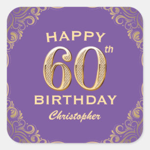 Sticker Carré 60e anniversaire fête violet et Parties scintillan