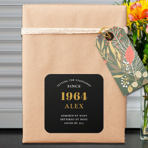 Sticker Carré 60e anniversaire Nom 1964 Black Gold Elegant Chic
