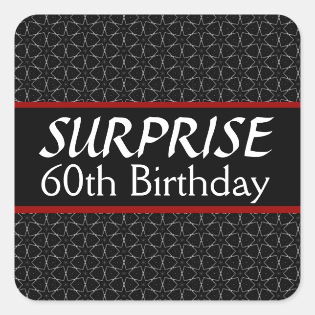 Sticker Carré 60e SURPRISE Anniversaire Noir Argent Rouge (Devant)