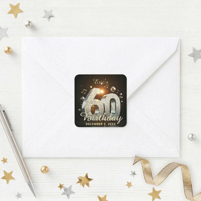 Sticker Carré 60th Birthday Disco Ball Music Theme Gold Black (Créateur téléchargé)