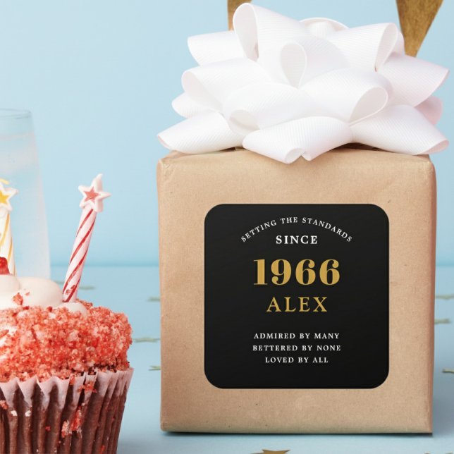 Sticker Carré 60th Birthday Name 1966 Black Gold Elegant Chic (Born 1966 sticker on a wrapped gift.)