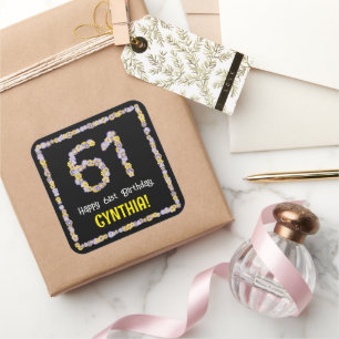 Sticker Carré 61e anniversaire : Floral Flowers Numéro, Nom pers
