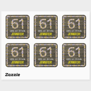 Sticker Carré 61e anniversaire : Floral Number, Faux Wood Look, 