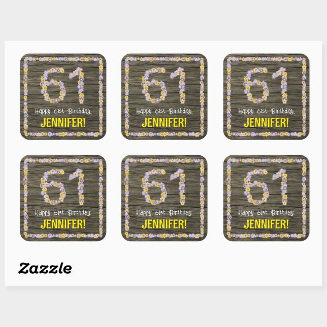 Sticker Carré 61e anniversaire : Floral Number, Faux Wood Look,  (Feuille)