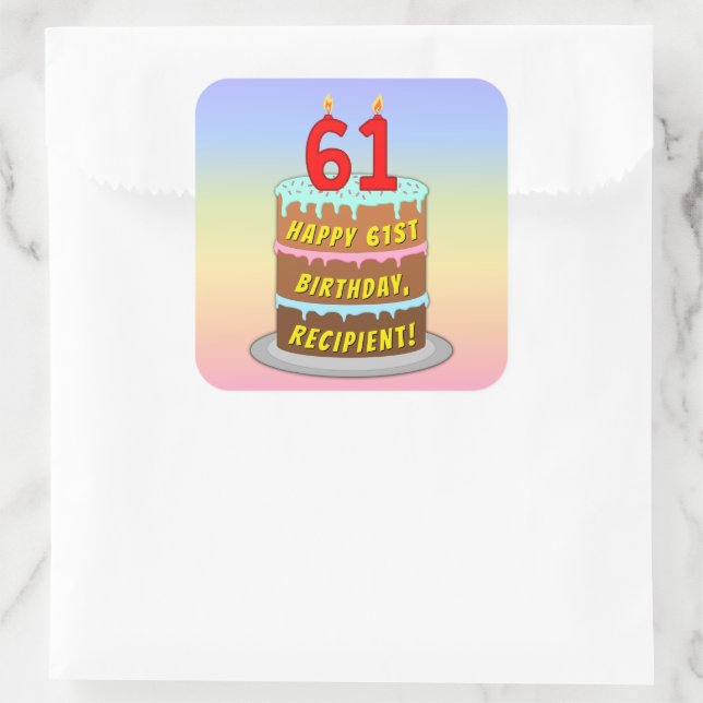 Sticker Carré 61e anniversaire : Fun Cake and Candles + Nom pers (Sac)