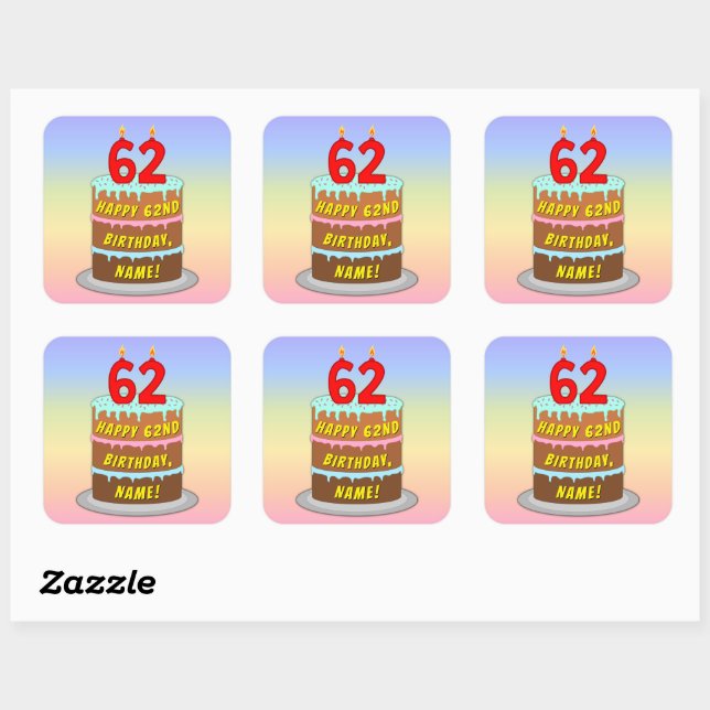 Sticker Carré 62e anniversaire : Fun Cake and Candles + Nom pers (Feuille)