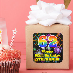 Sticker Carré 62e anniversaire : Fun Fireworks Look, Arc-en-ciel