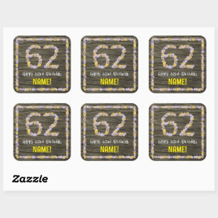 Sticker Carré 62e anniversaire : numéro floral, Faux Wood Look, 