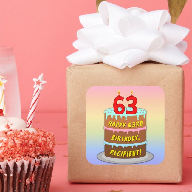 Sticker Carré 63e anniversaire : Fun Cake and Candles + Nom pers (Fête)
