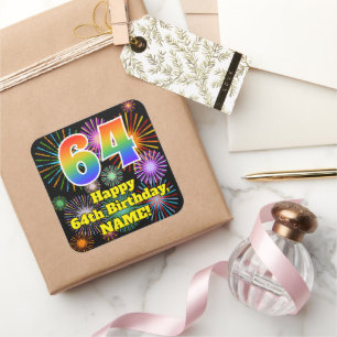 Sticker Carré 64e anniversaire : Fun Fireworks Look, Arc-en-ciel
