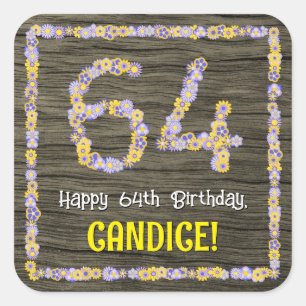 Sticker Carré 64e anniversaire : numéro floral, Faux Wood Look, 
