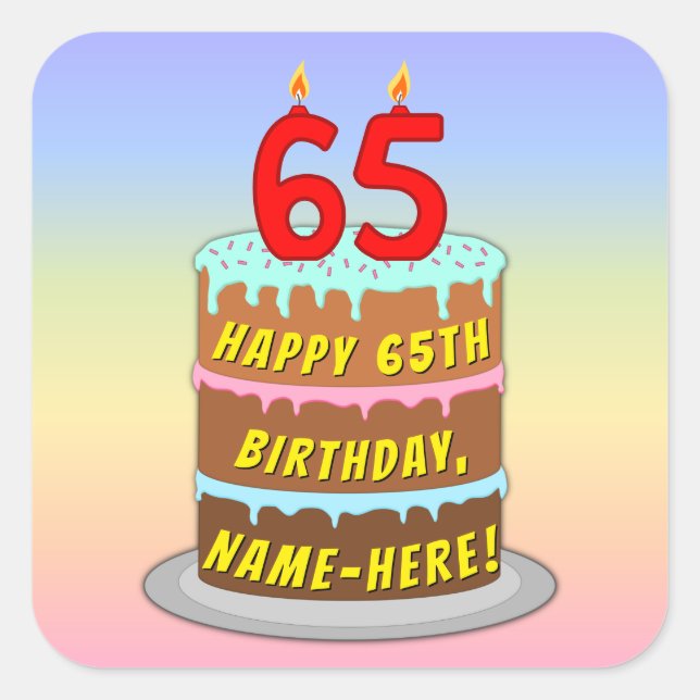 Sticker Carré 65e anniversaire : Fun Cake and Candles + Nom pers (Devant)