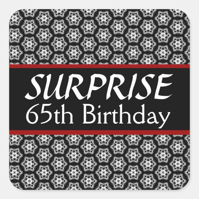 Sticker Carré 65e SURPRISE Anniversaire Noir Argent Rouge (Devant)