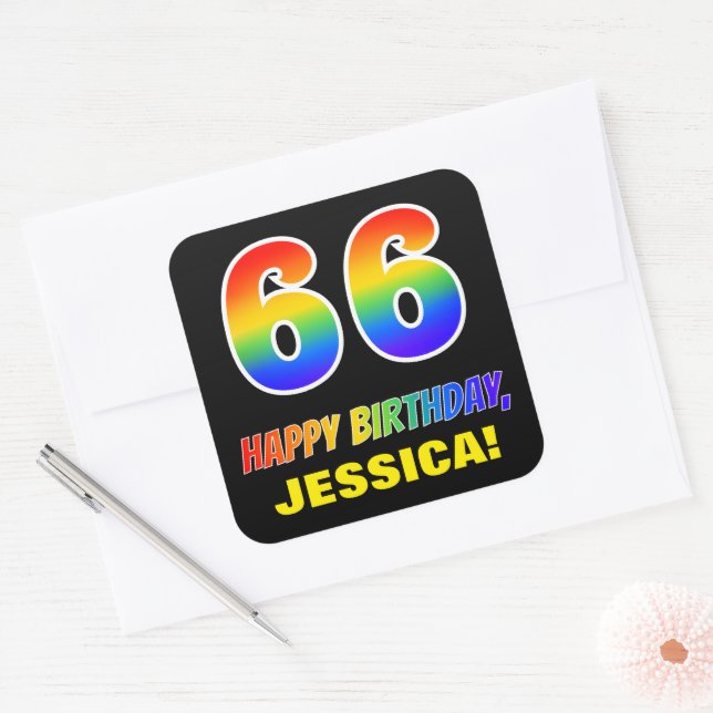 Sticker Carré 66e anniversaire : Bold, Fun, Simple, Rainbow 66 (Enveloppe)