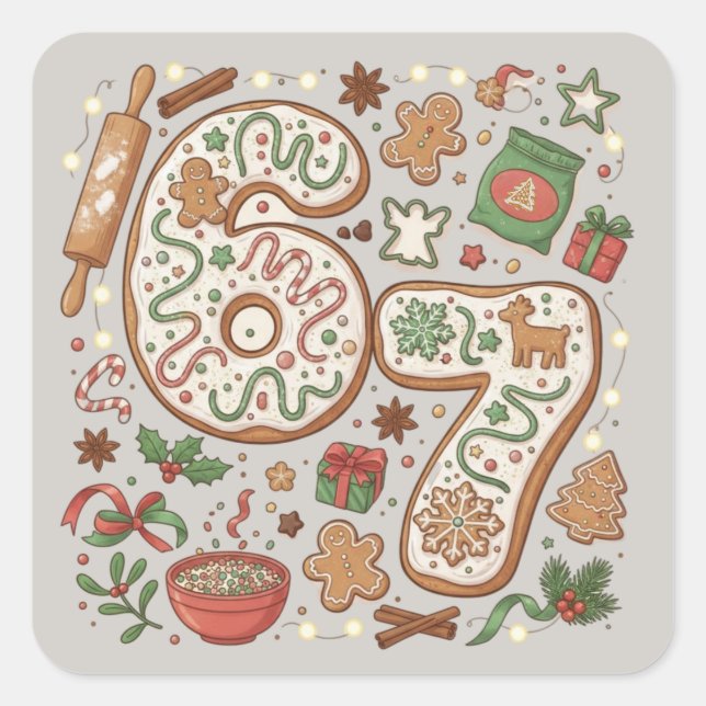 Sticker Carré 67 Drôle 6 7 Six Sept Cookie Gingerbread Vacances (Devant)