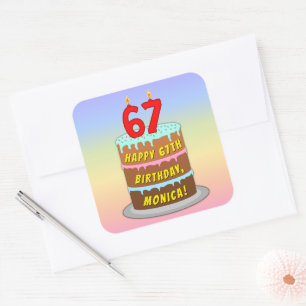 Sticker Carré 67e anniversaire : Fun Cake and Candles + Nom pers