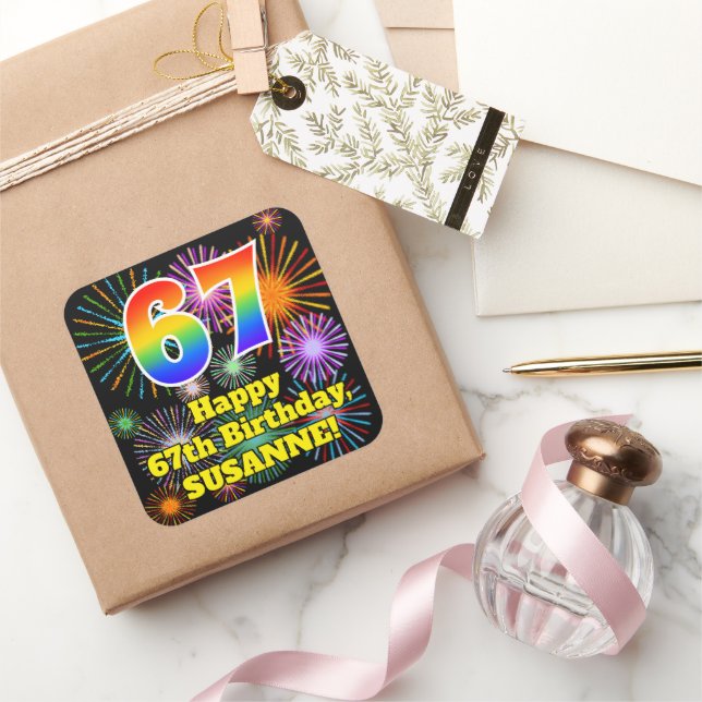 Sticker Carré 67e anniversaire : Fun Fireworks Look, Arc-en-ciel (Cadeaux)