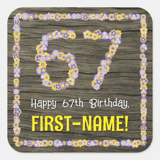 Sticker Carré 67e anniversaire : numéro floral, Faux Wood Look,  (Devant)
