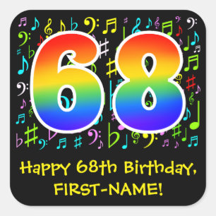 Sticker Carré 68e Birthday: symbole musical colorful, Rainbow 68