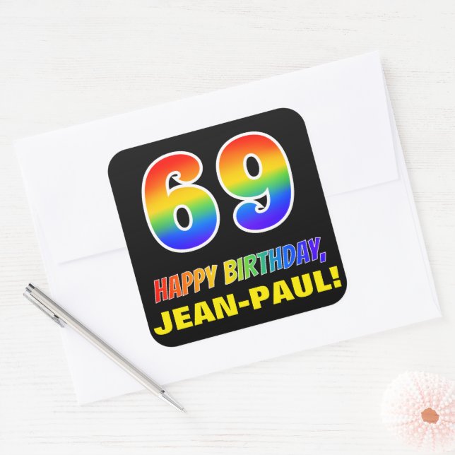 Sticker Carré 69e anniversaire : Bold, amusant, simple, arc-en-c (Enveloppe)