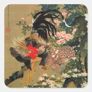 Sticker Carré 6. 紫 陽 花 双 鶏 図, 若 Hydrangea et Rooster, Jakuchu, 冲