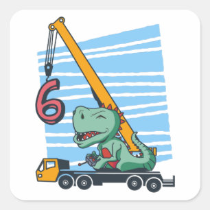 Sticker Carré 6 ans 6e anniversaire grue mobile Dinosaur