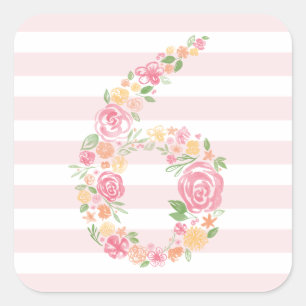 Sticker Carré 6e anniversaire Pink Stripes & Aquarelle Florale S