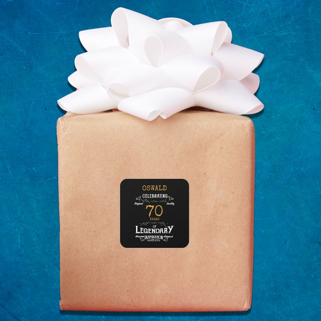 Sticker Carré 70e anniversaire Black Gold Legendary Retro (70th Birthday Black Gold Legendary Retro Square Sticker)