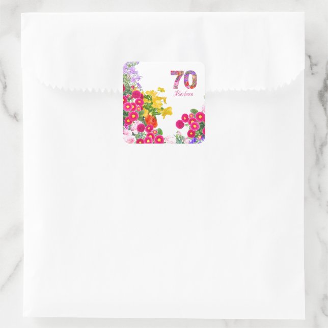 Sticker Carré 70e anniversaire fête fleurie bouquet (Sac)