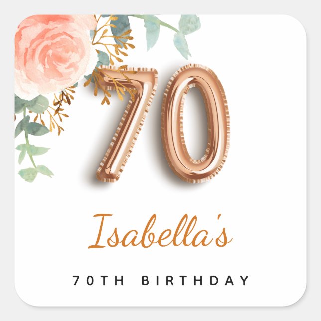 Sticker Carré 70e anniversaire floral rose or eucalyptus monogra (Devant)