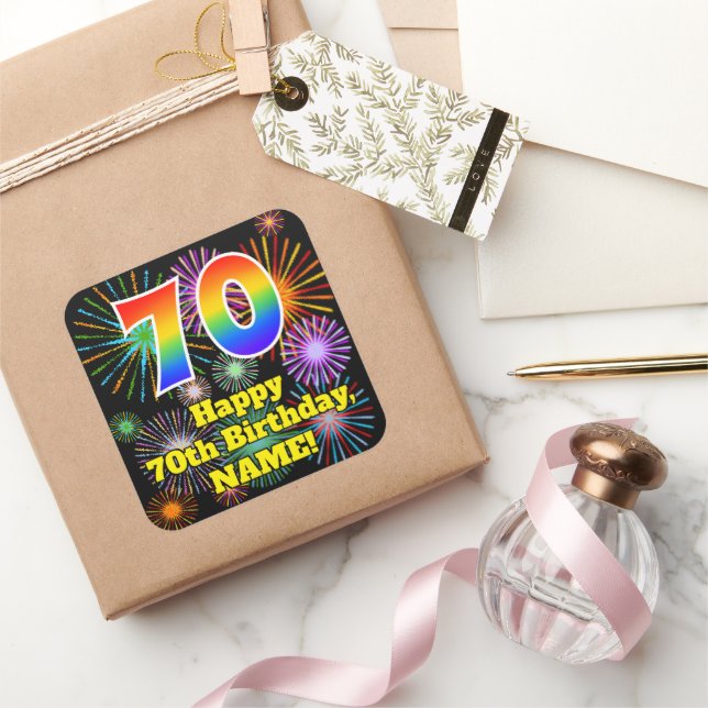 Sticker Carré 70e anniversaire : Fun Fireworks Look, Arc en ciel (Cadeaux)