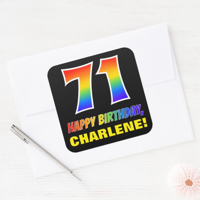 Sticker Carré 71e anniversaire : Bold, amusant, simple, arc-en-c (Enveloppe)