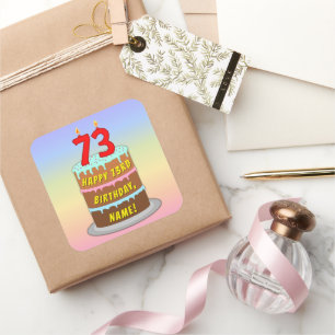 Sticker Carré 73e anniversaire : Fun Cake and Candles + Nom pers