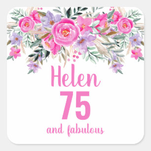 Sticker Carré 75e anniversaire rose aquarelle floral classique