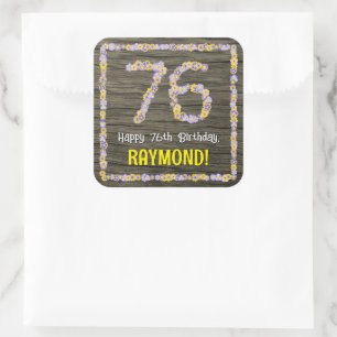 Sticker Carré 76e anniversaire : numéro floral, Faux Wood Look, 
