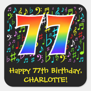 Sticker Carré 77e anniversaire : Symboles de musique colorée, Ar