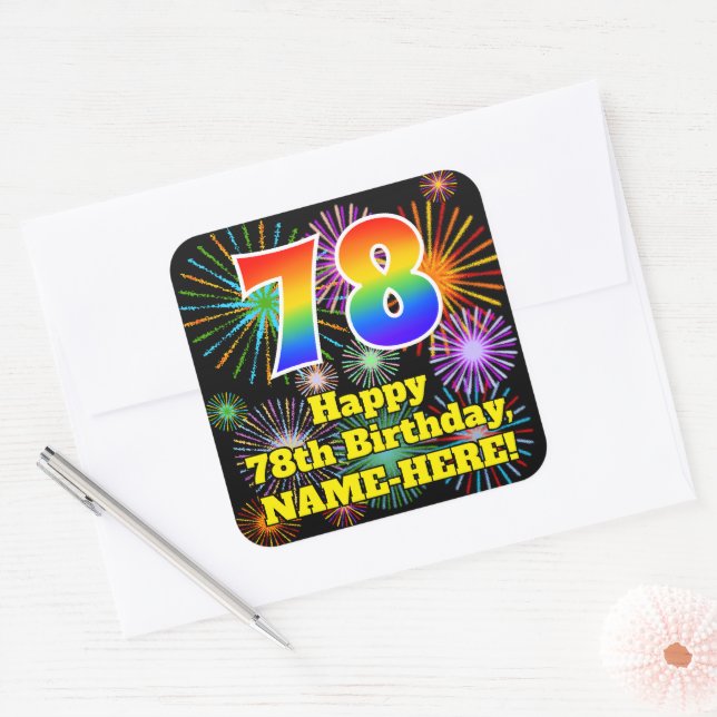 Sticker Carré 78e anniversaire : Fun Fireworks Look, Arc en ciel (Enveloppe)