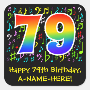 Sticker Carré 79e anniversaire : Symboles de musique colorée, Ar