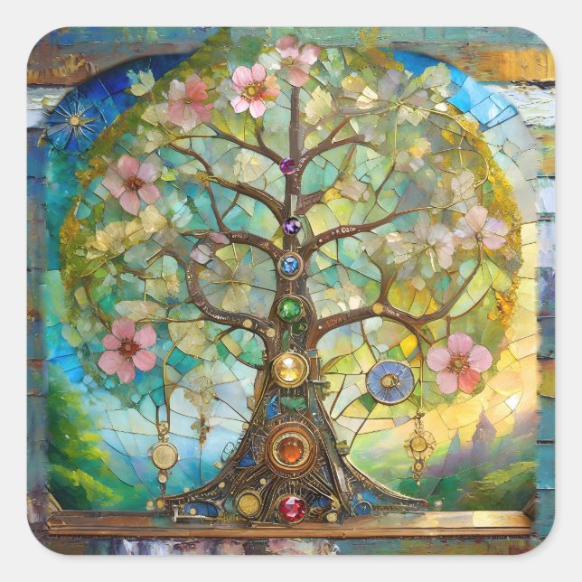Sticker Carré 7 Chakra Fleurissant Arbre De Vie (Devant)