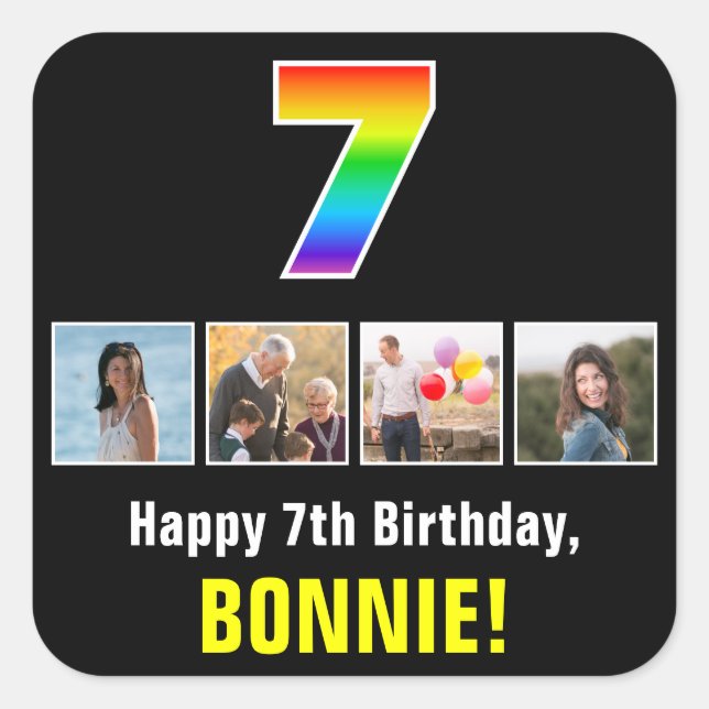 Sticker Carré 7e anniversaire : Arc-en-ciel "7"; photos et nom p (Devant)