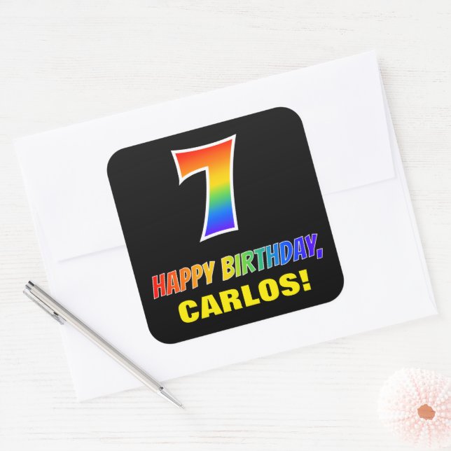 Sticker Carré 7e anniversaire : Bold, amusant, simple, arc-en-ci (Enveloppe)